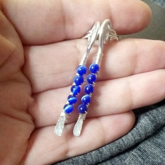 Unique Wire Wrapped Dangle Earrings! Blue CatsEye Beads! Lightweight!!! - Picture 7 of 11